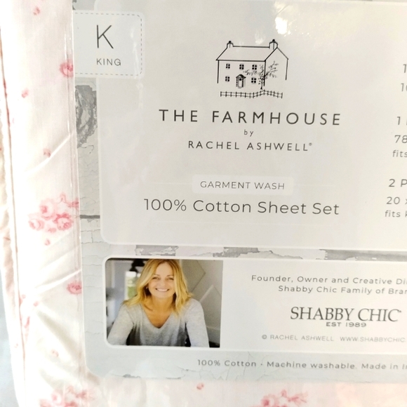Shabby Chic Cottage Farmhouse KING sheet set peach pink ribbon & roses floral - Picture 4 of 7